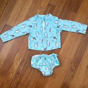 Green Sprouts zipper rash guard and snap swim diaper. Blue pelican.